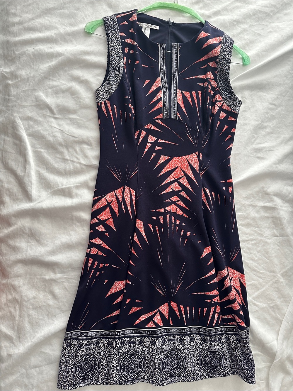 Maggy London Navy Dress with Coral Palm Print and Border
